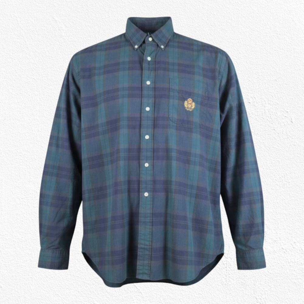 90s Vintage Ralph Lauren Black Watch Plaid Crest Preppy Button Down Shirt XL